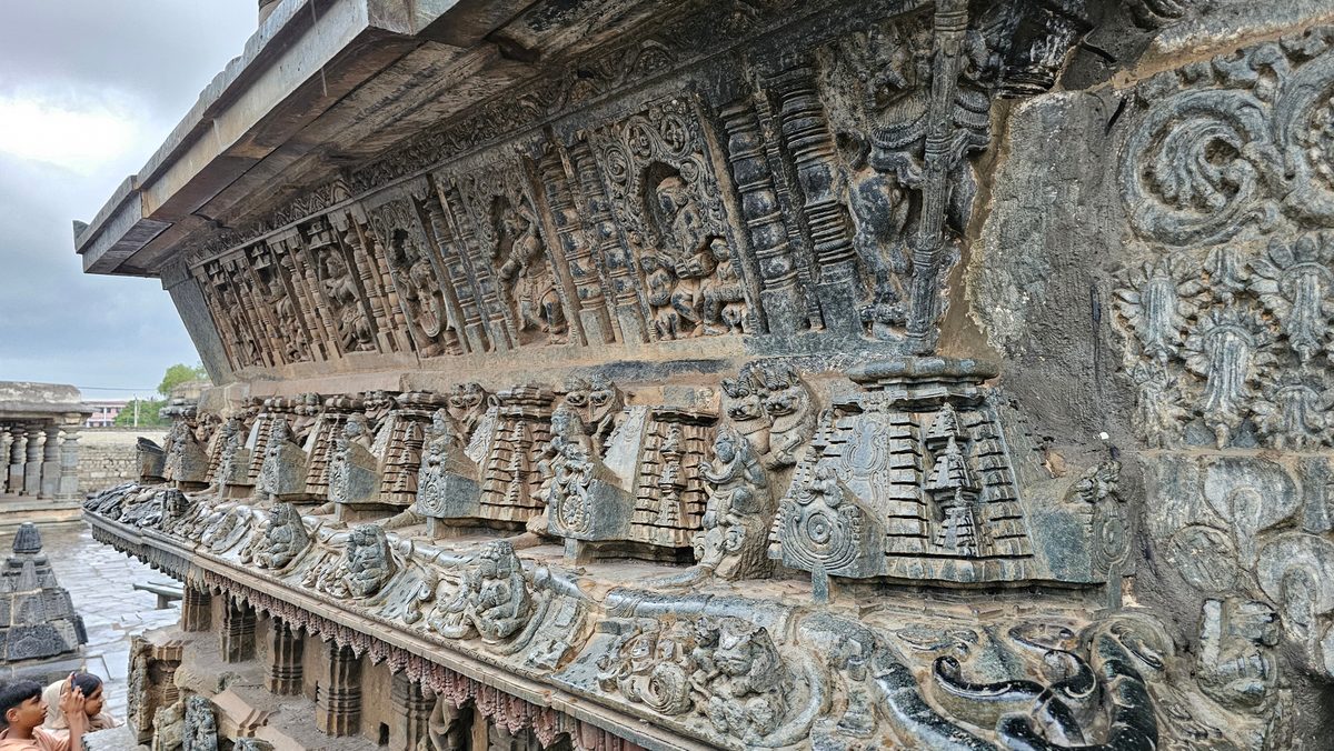 Intricate Hoysala soapstone carvings on the outer wall of the Chennakeshava Temple at Belur